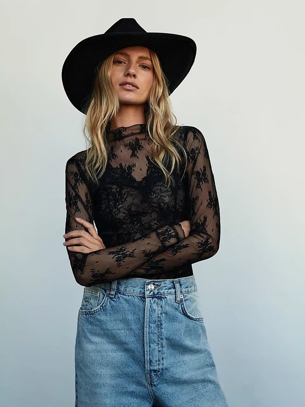 Free People Lady Lux Layering Top Black Sheer Mesh Floral - Size Small
